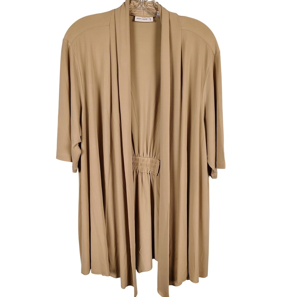 Susan Graver Womens 1X Liquid Knit Open Front Cardigan Tan Minimalist Officecore